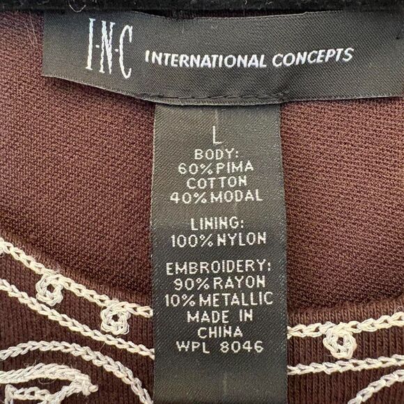y2K VTG I.N.C. Brown White Contrast Embroidered Boho Midi Dress size L - Picture 8 of 8